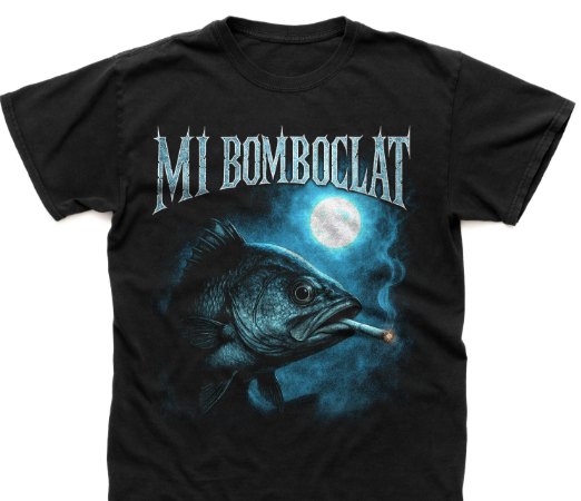 Black T-shirt reading Mi Bomboclat with a fish smoking a cigarette under a full moon